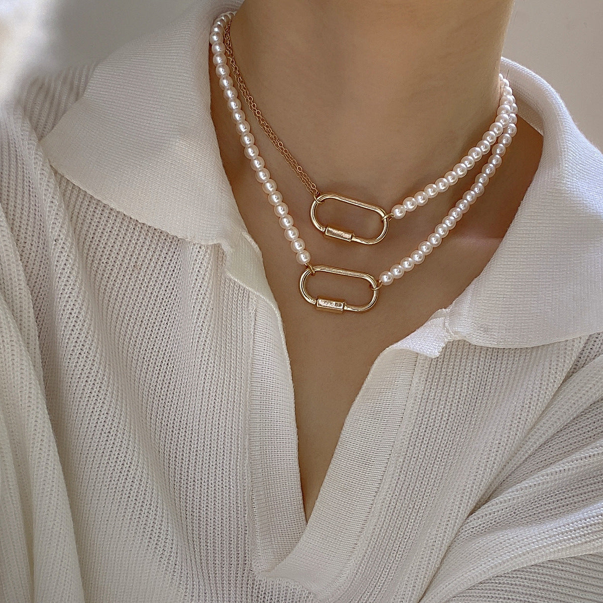 Minimalist Elegant Geometric Double Ring Faux Pearl Plated Alloy Ball Chain Necklace for Women