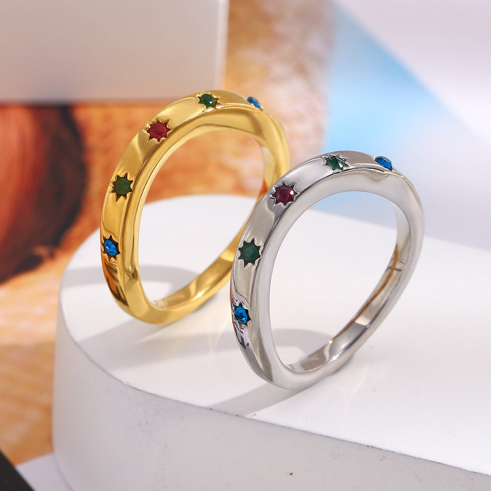 Minimalist Geometric Stainless Steel Plated 18K Gold Eight-Pointed Star Ring for Women with Colorful Rhinestone Inlay