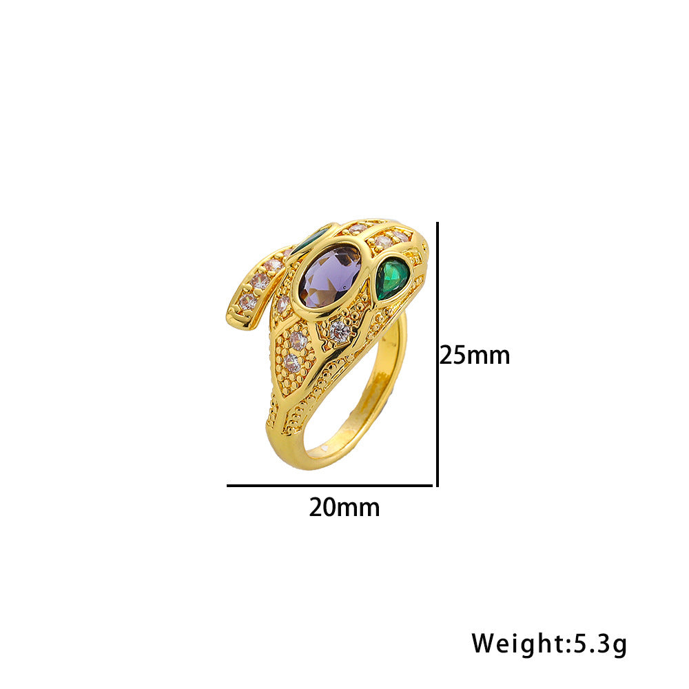 Parure di lusso con collana, orecchini e anello a forma di serpente in acciaio al titanio, con zirconi e pendente in ametista, placcatura sottovuoto ipoallergenica, design a catena a O