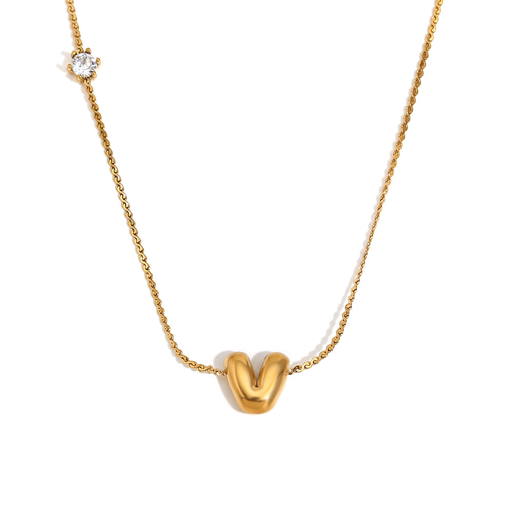 Minimalist Letter-Shaped Pendant Necklace for Women in Stainless Steel with 18K Gold Plating and Cubic Zirconia Accent on S-Link Chain