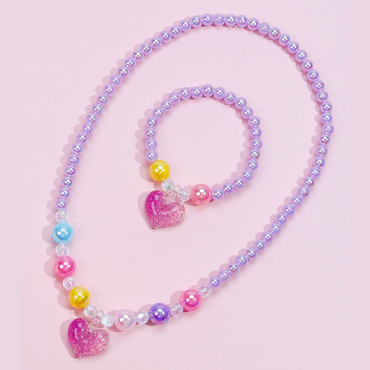 Graziosa collana in resina a forma di cuore per ragazze con catena di perle rotonde, set di gioielli per bambini stile principessa