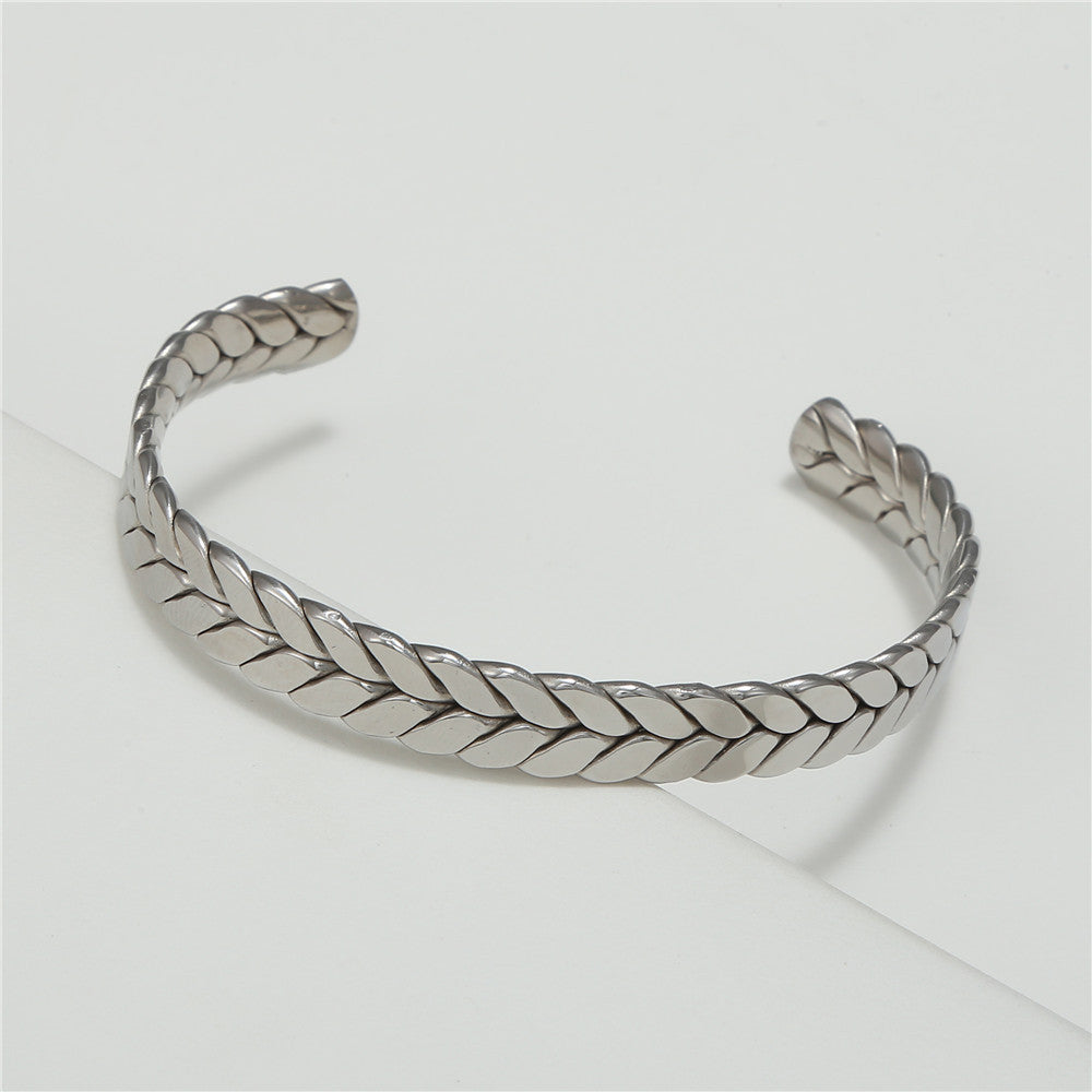 Minimalist Geometric Gold Plated Titanium Steel Wheat Open Cuff Bracelet for Women
