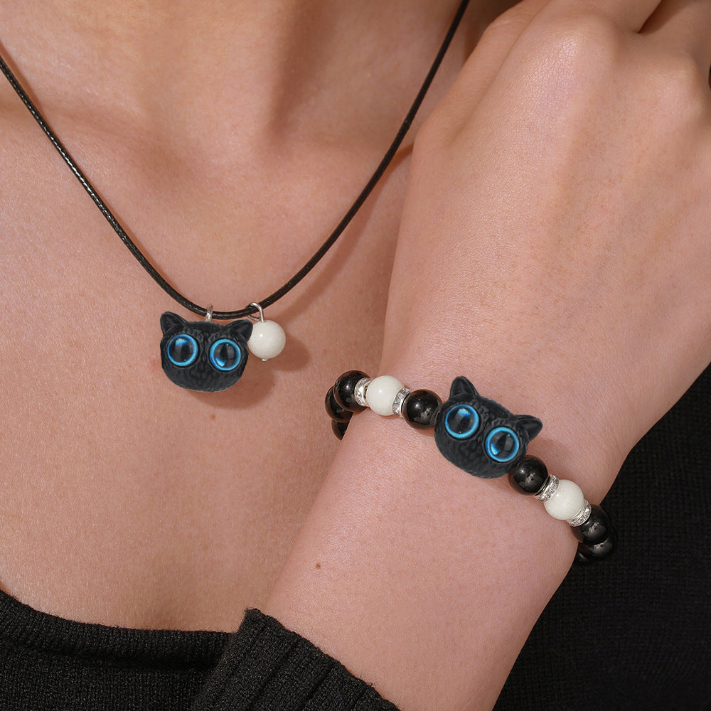 Cartoon Cat Acrylic Pendant Necklace with Leather Cord