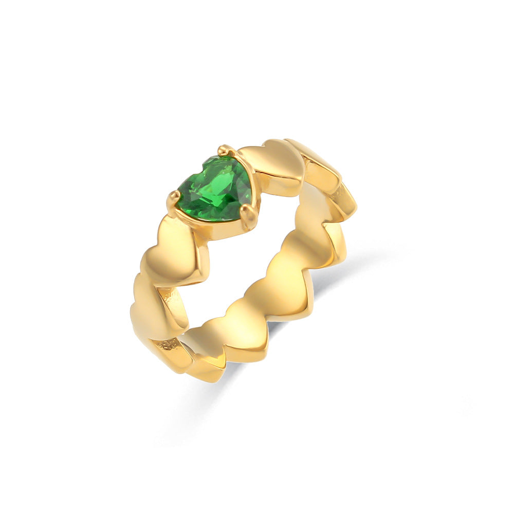 Minimalist Geometric Heart-Shaped Zirconia Ring in Stainless Steel with 18K Gold Plating for Women