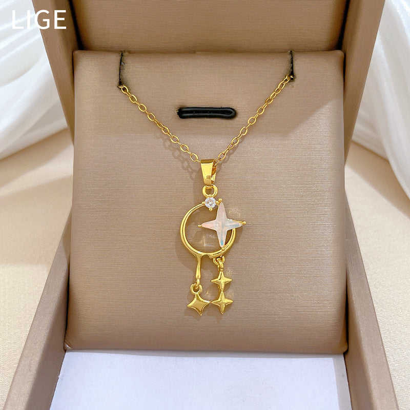 Sweet Minimalist Star Rhinestone Pendant Titanium Steel Necklace for Women and Men