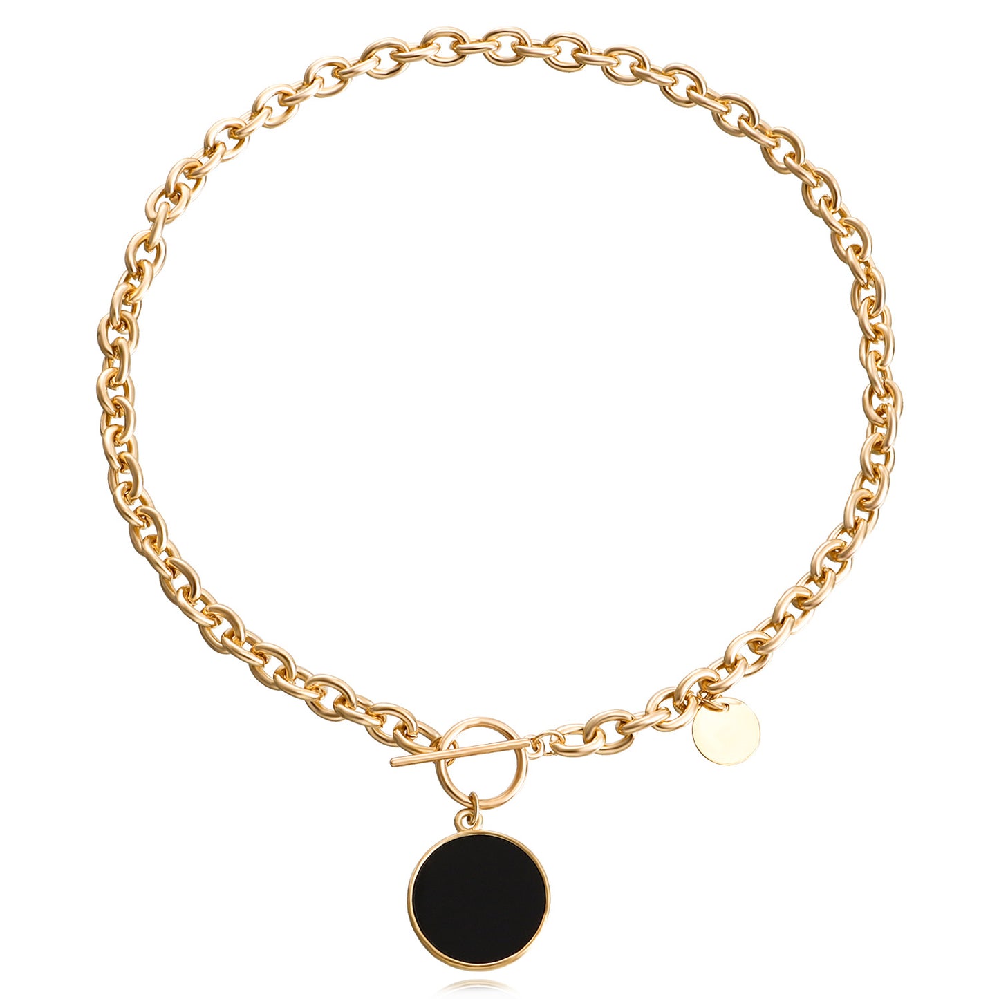 Geometric Style Black Mother-of-Pearl Pendant Necklace for Women with Thick Alloy Chain and Electroplated Finish