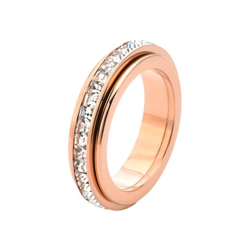 Anello girevole a doppia fascia in acciaio al titanio con zirconi cubici quadrati, design geometrico, anello alla moda per l'ufficio, per coppie
