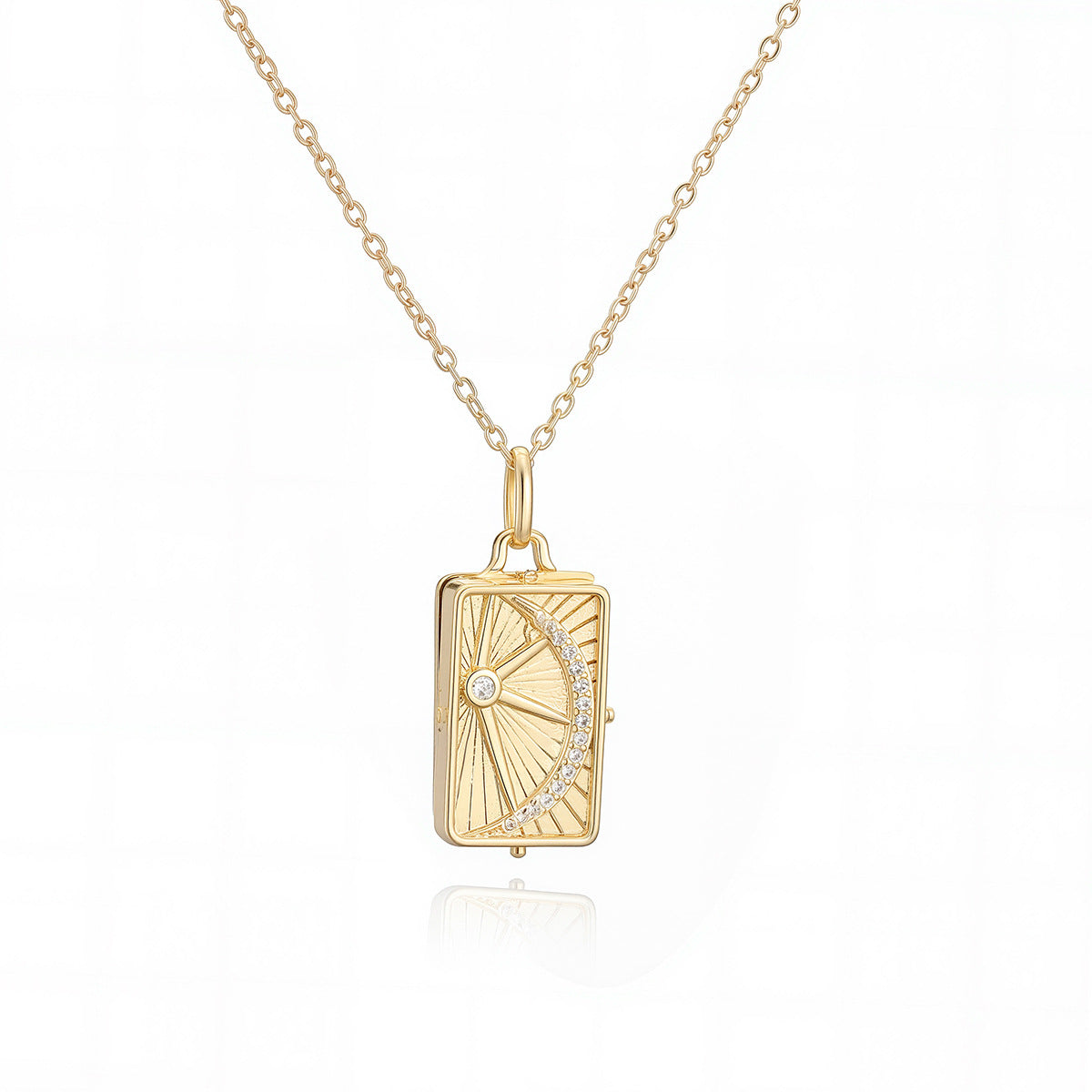 Vintage Minimalist Heart Geometric Brass Gold Plated Cubic Zirconia Photo Locket Pendant Necklace