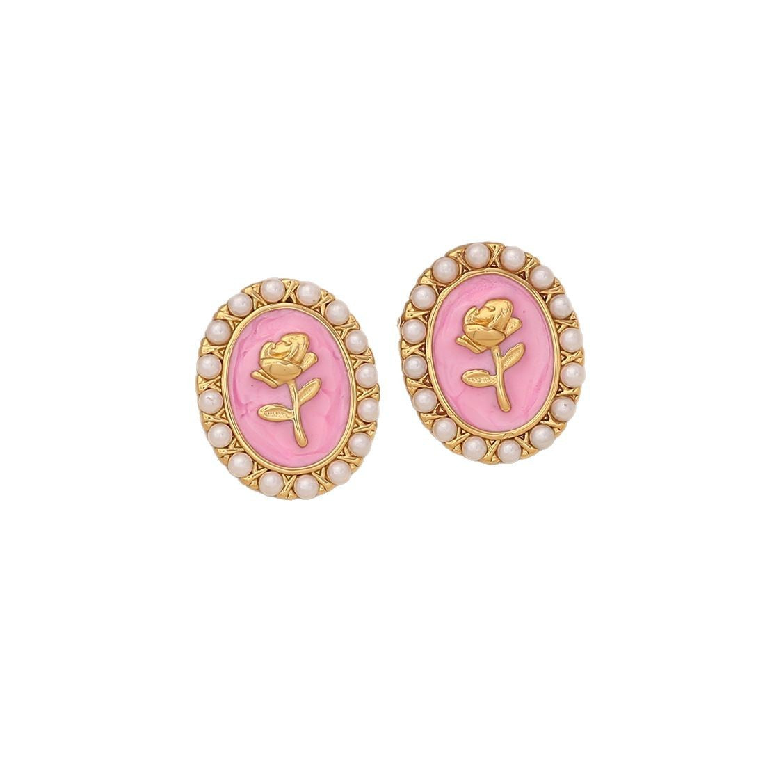 Orecchini a perno vintage in acciaio inossidabile con rosa floreale, perla e finitura smaltata
