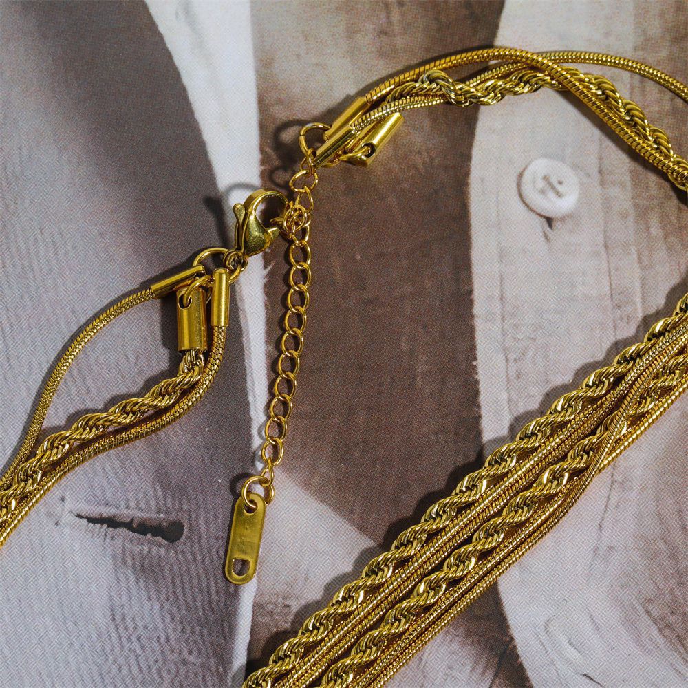 Vintage Stainless Steel U-Shape Layered Necklace with Snake and Rope Chains