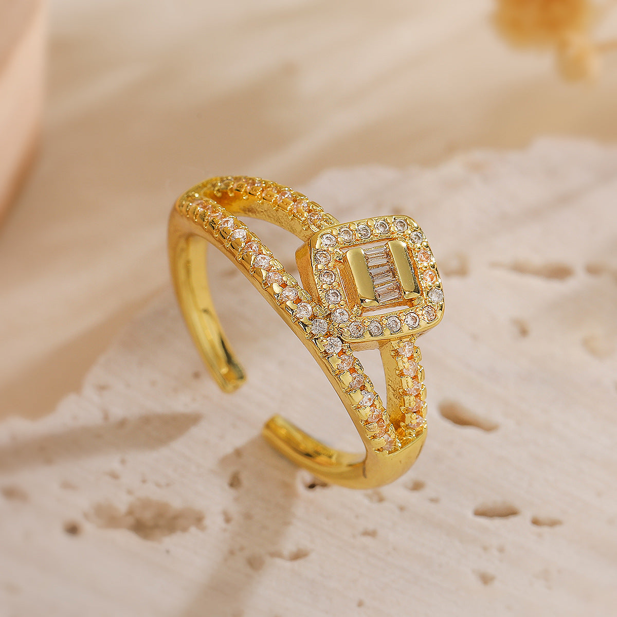Minimalist Irregular Geometric Open Ring for Women in Brass with Gold Plating and Zircon