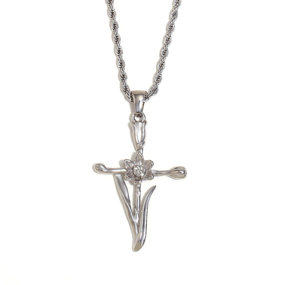 Vintage French-Style Floral Pendant Necklace in Stainless Steel with 18K Gold Plating for Women