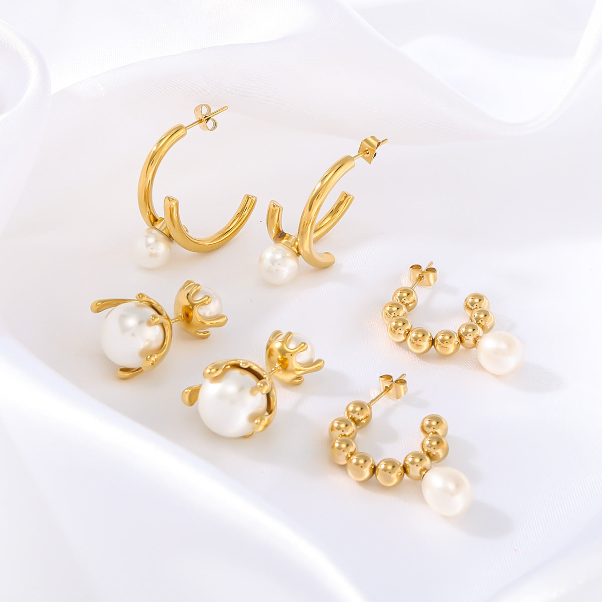 Vintage French Style Geometric C-Shaped Stainless Steel Earrings with Pearl Inlay Plated in 18K Gold for Women