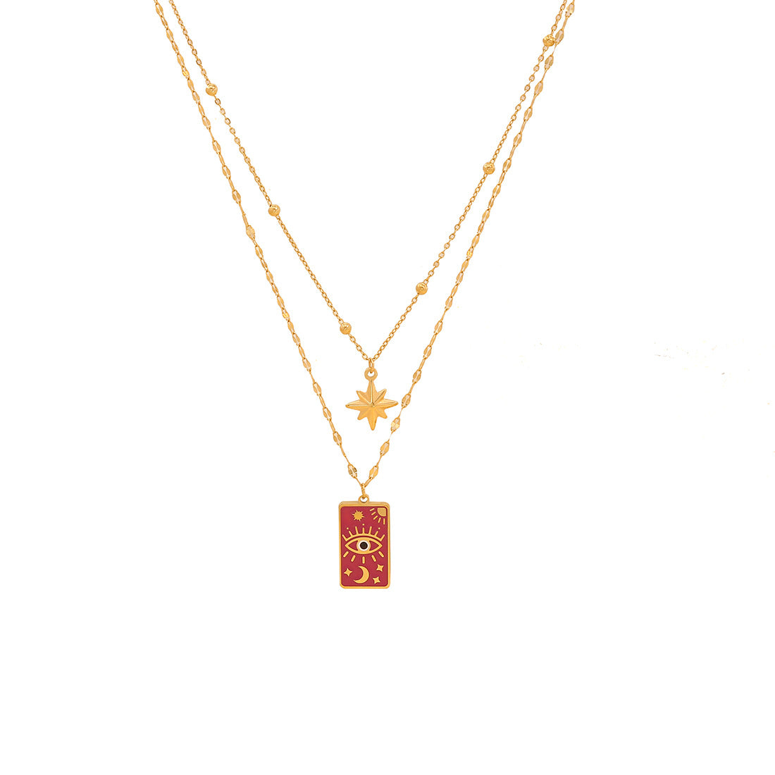Minimalist Star and Moon Necklace with Enamel Eyes, Stainless Steel Double Layer O-Chain for Women