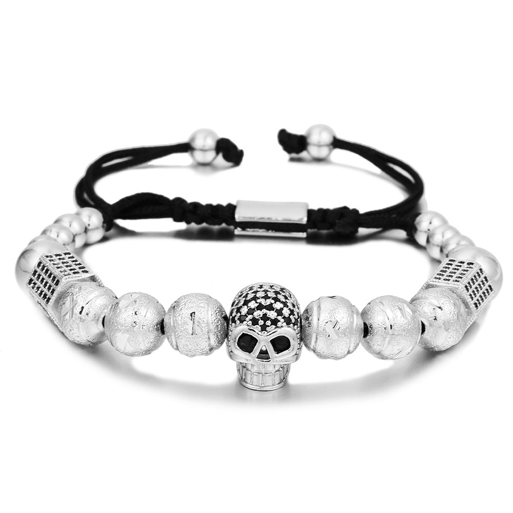 Adjustable Braided Skull Bracelet with Micro-Pave Zirconia for Men and Women, Geometric Design in Copper Hardware