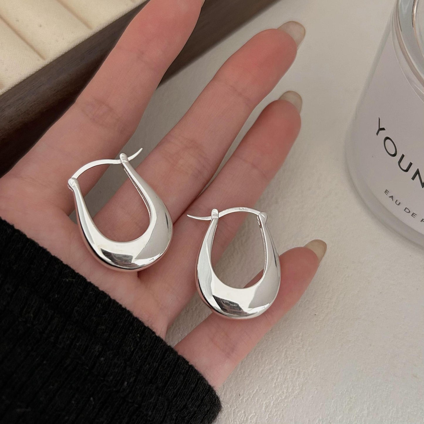 Vintage Minimalist 925 Sterling Silver Teardrop Inlaid Pearl Earrings