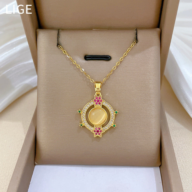 Cartoon Style Cat's Eye Round Hoop Necklace for Women Stainless Steel Minimalist Geometric Pendant with Rhinestone Accents