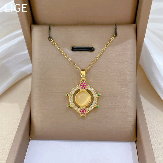 Cartoon Style Cat's Eye Round Hoop Necklace for Women Stainless Steel Minimalist Geometric Pendant with Rhinestone Accents