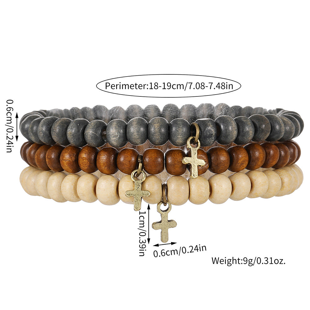 Handmade Round Wood Bead and Alloy Bracelet Unisex Geometric Stackable Jewelry