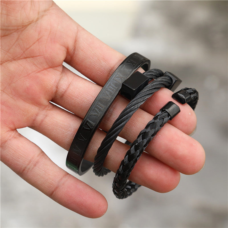 Punk Geometric Round Letter Titanium Steel Plated Open Cuff Bracelet Set for Unisex