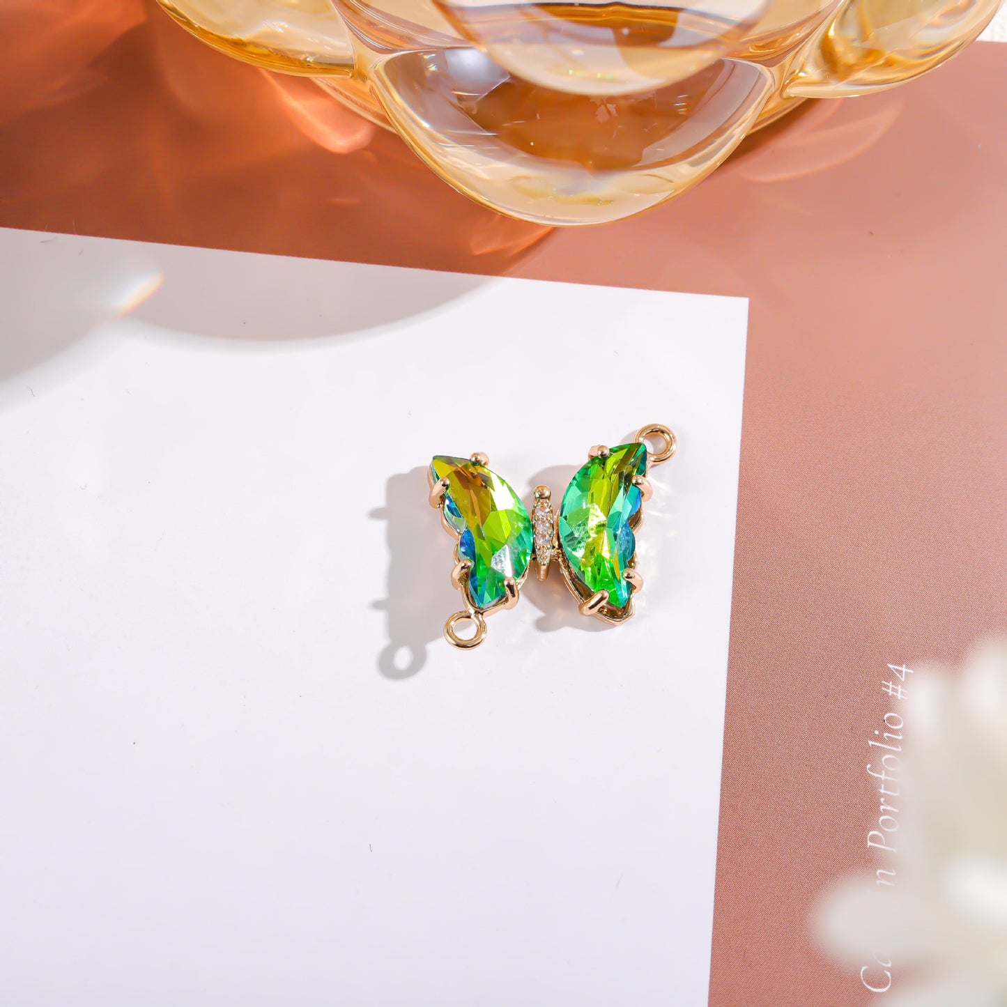 Sweet Gradient Glitter Crystal Butterfly Double Pendant Brass Plated Charm Bar