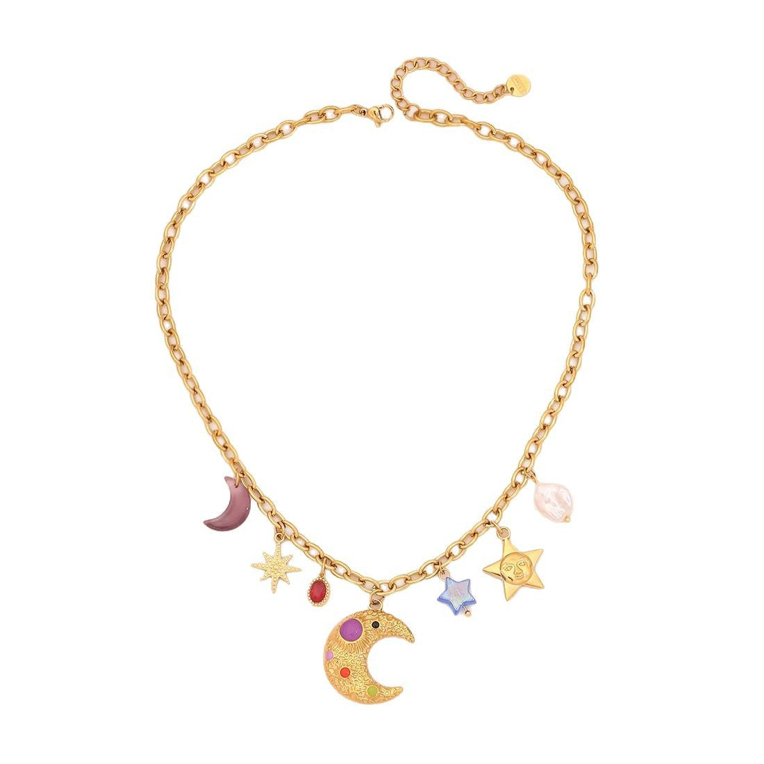Personalized Star and Moon Colorful Glass Imitation Pearl Stainless Steel Necklace