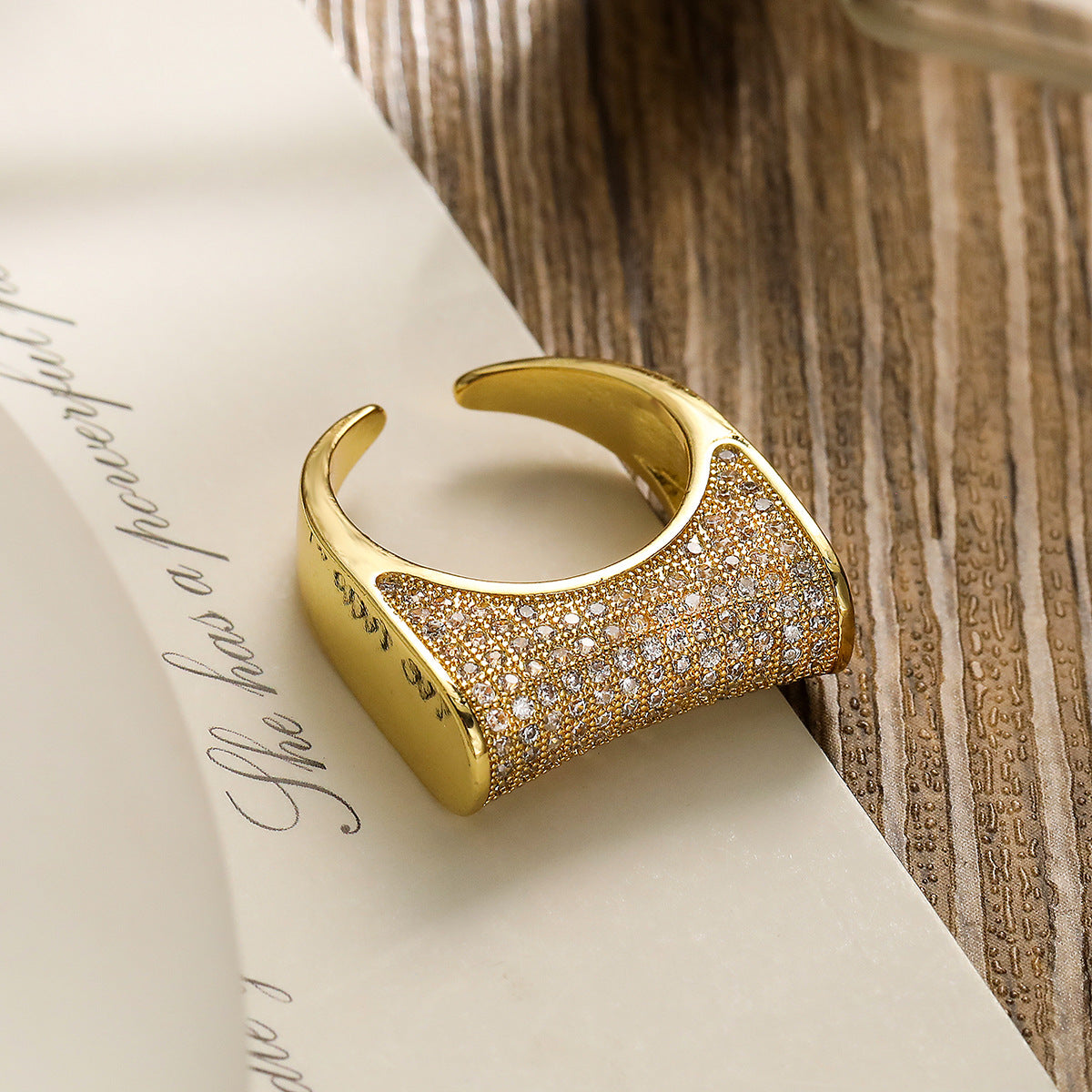 Minimalist Geometric Copper Ring with Gold Plating and Micro-Pavé Zirconia for Women