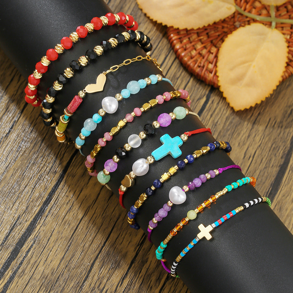Minimalist Bohemian Cross Heart Geometric Handmade Crystal Pearl Beaded Bracelet
