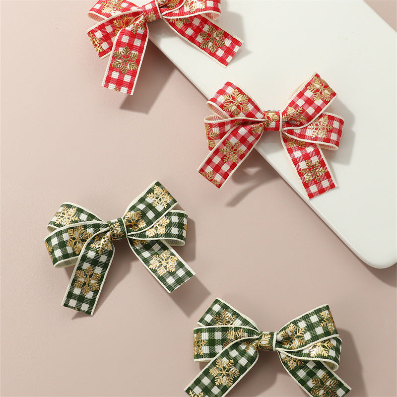 Set de pinzas para el pelo con temática navideña para niñas, construcción de tela en forma de lazo, estampado a cuadros rojos y verdes y copos de nieve, diseño fresco y minimalista