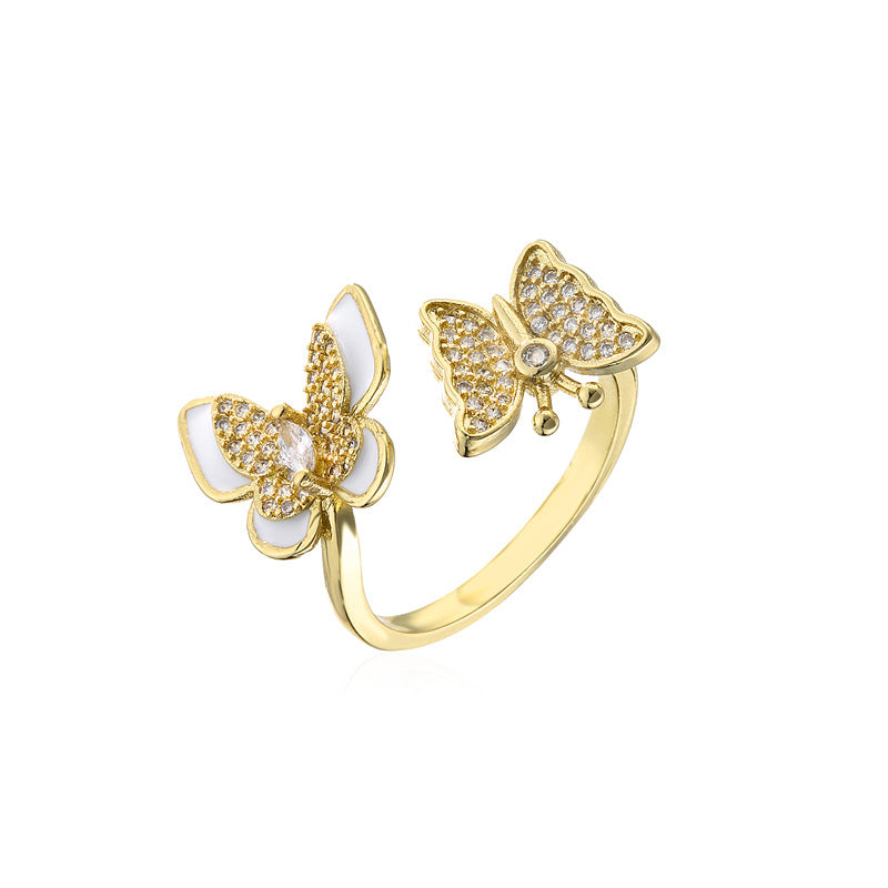 Gold Plated Brass Micro-Inlaid Cubic Zirconia Drip Oil Butterfly Open Ring for Women