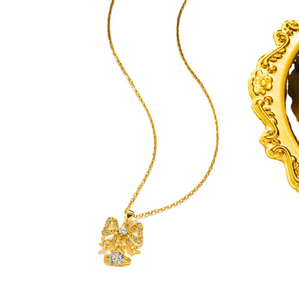 Collana da donna a forma di fiocco minimalista in acciaio al titanio con intarsio di strass, catena a O, delicato gioiello per la clavicola