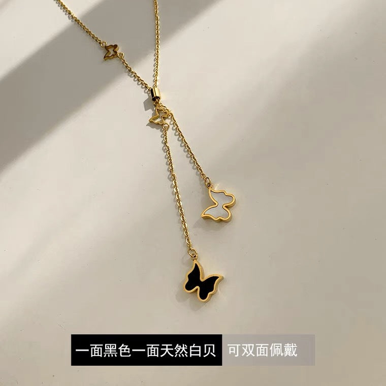 Adjustable Black and White Double-Sided Butterfly Pendant Necklace for Women in Titanium Steel with O-Chain Minimalist Sweet Elegant Clavicle Design