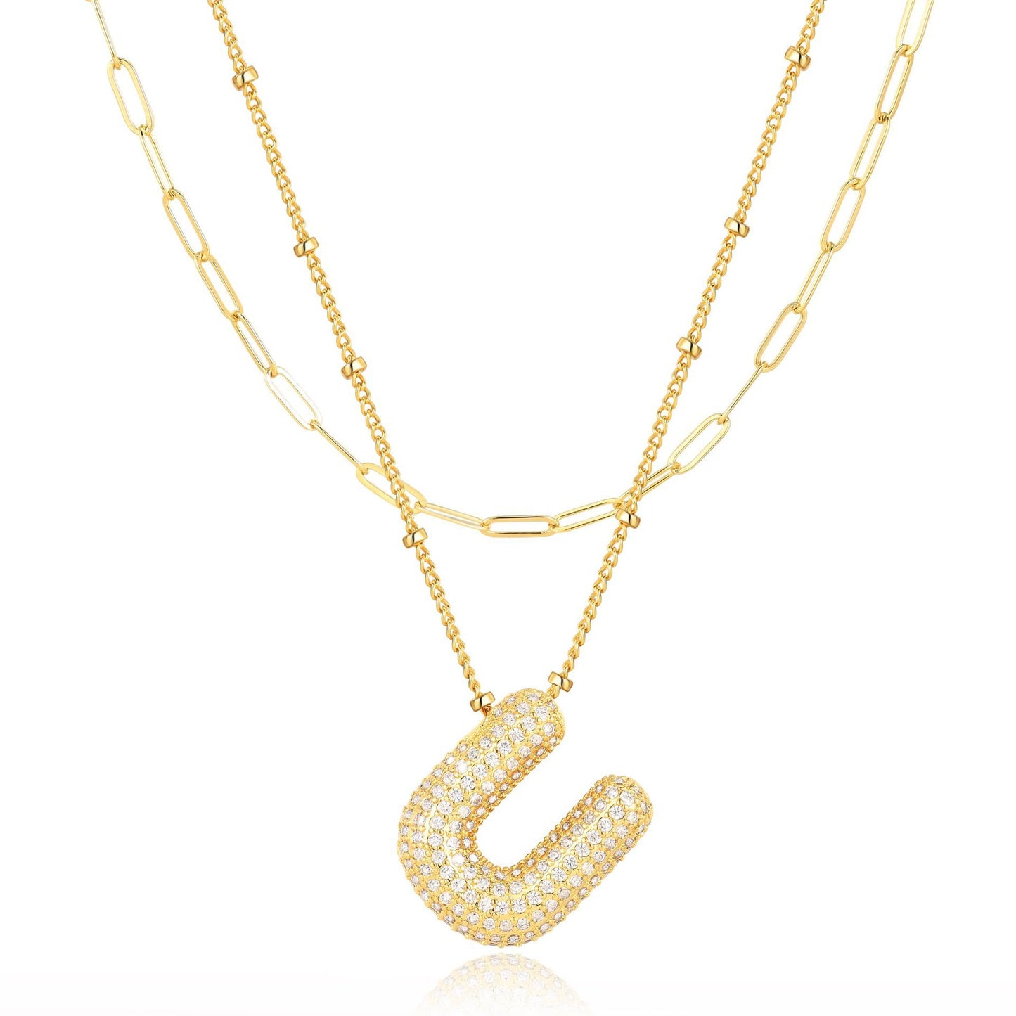 18K Gold Plated Brass Double Layer Letter Necklace Micro Pave Cubic Zirconia Serpentine Chain Women's Jewelry