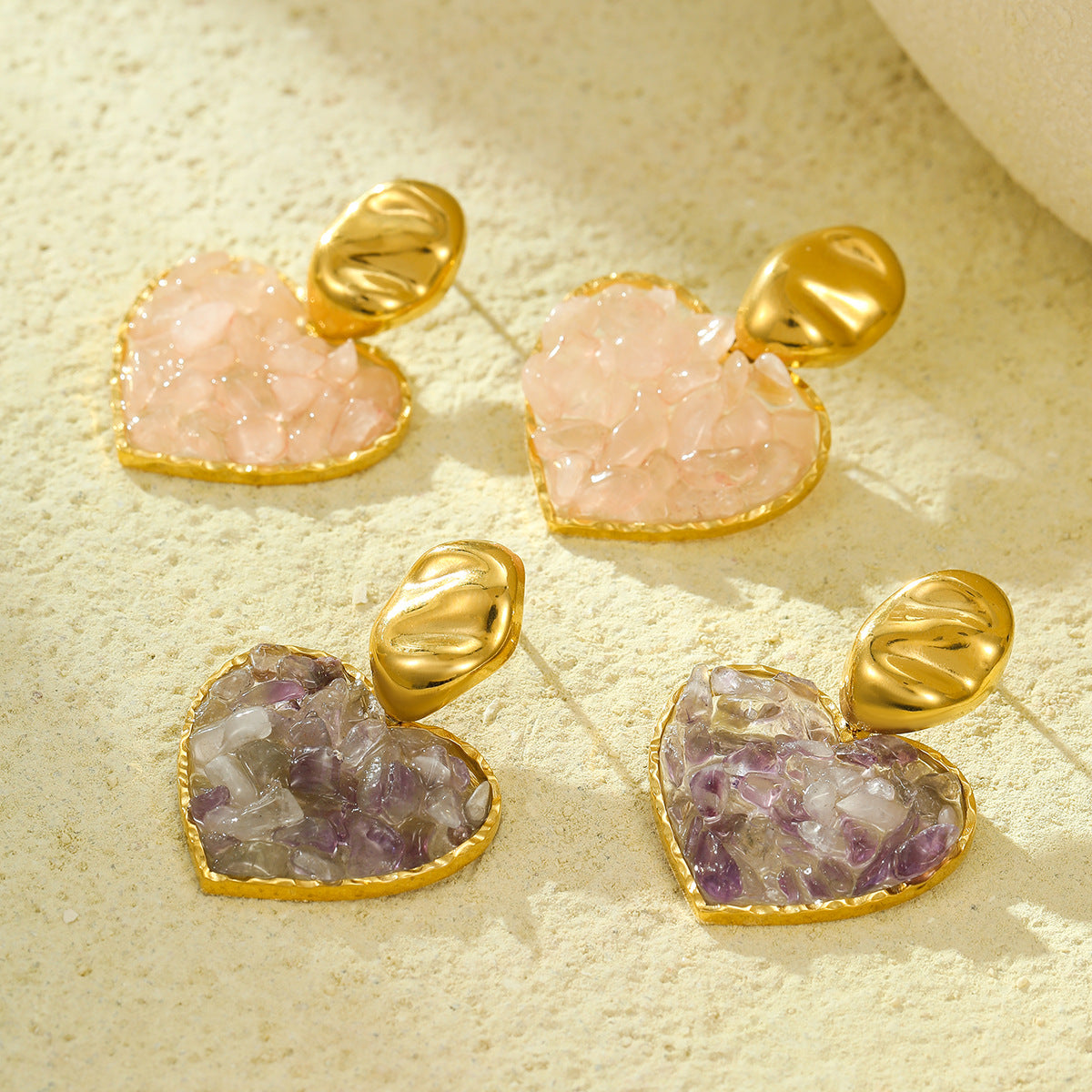 Fashionable Minimalist Heart-Shaped Natural Stone Inlaid Stainless Steel Earrings with 18K Gold Plating