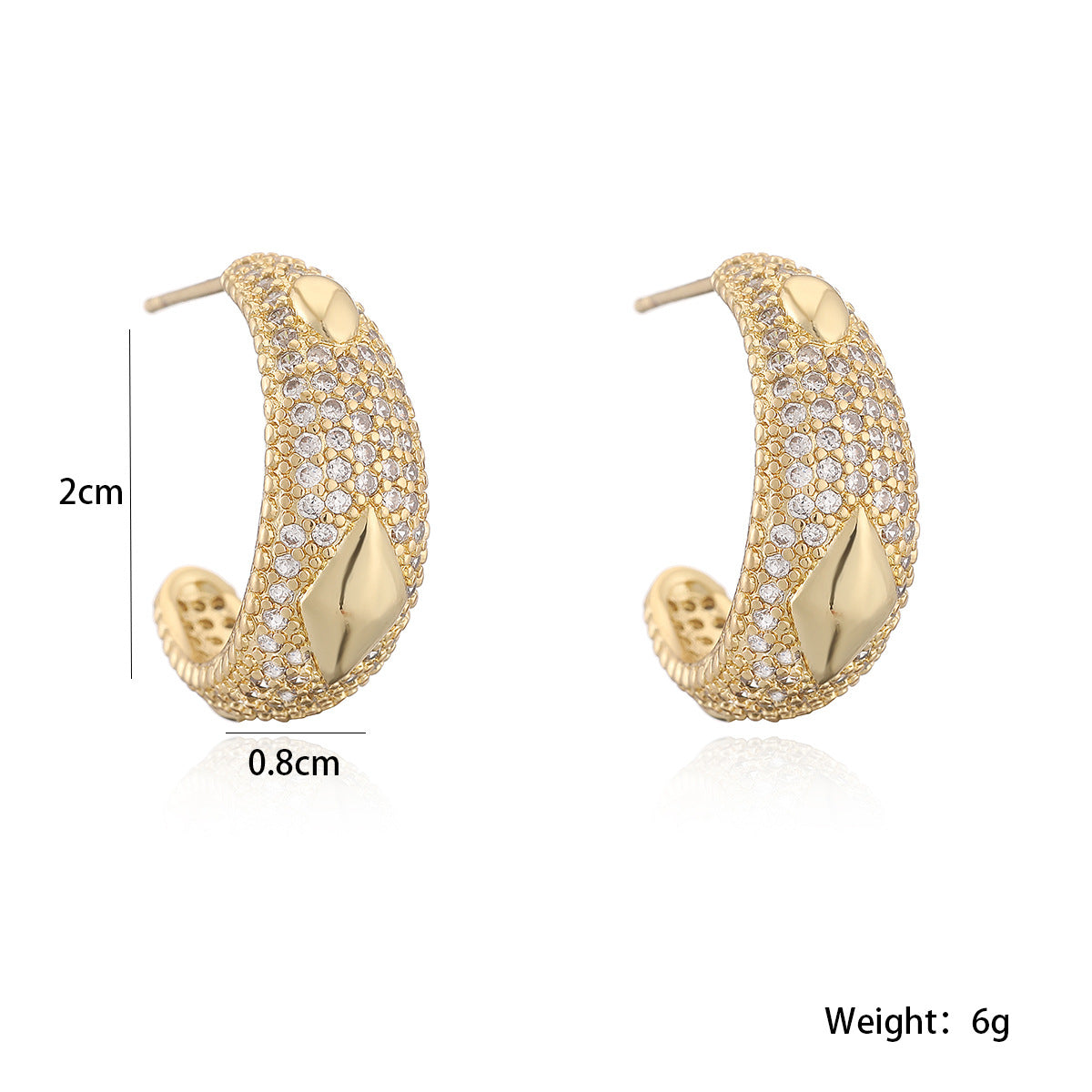 Minimalist Elegant Geometric C-Shaped Gold Plated Brass Earrings with Cubic Zirconia for Women