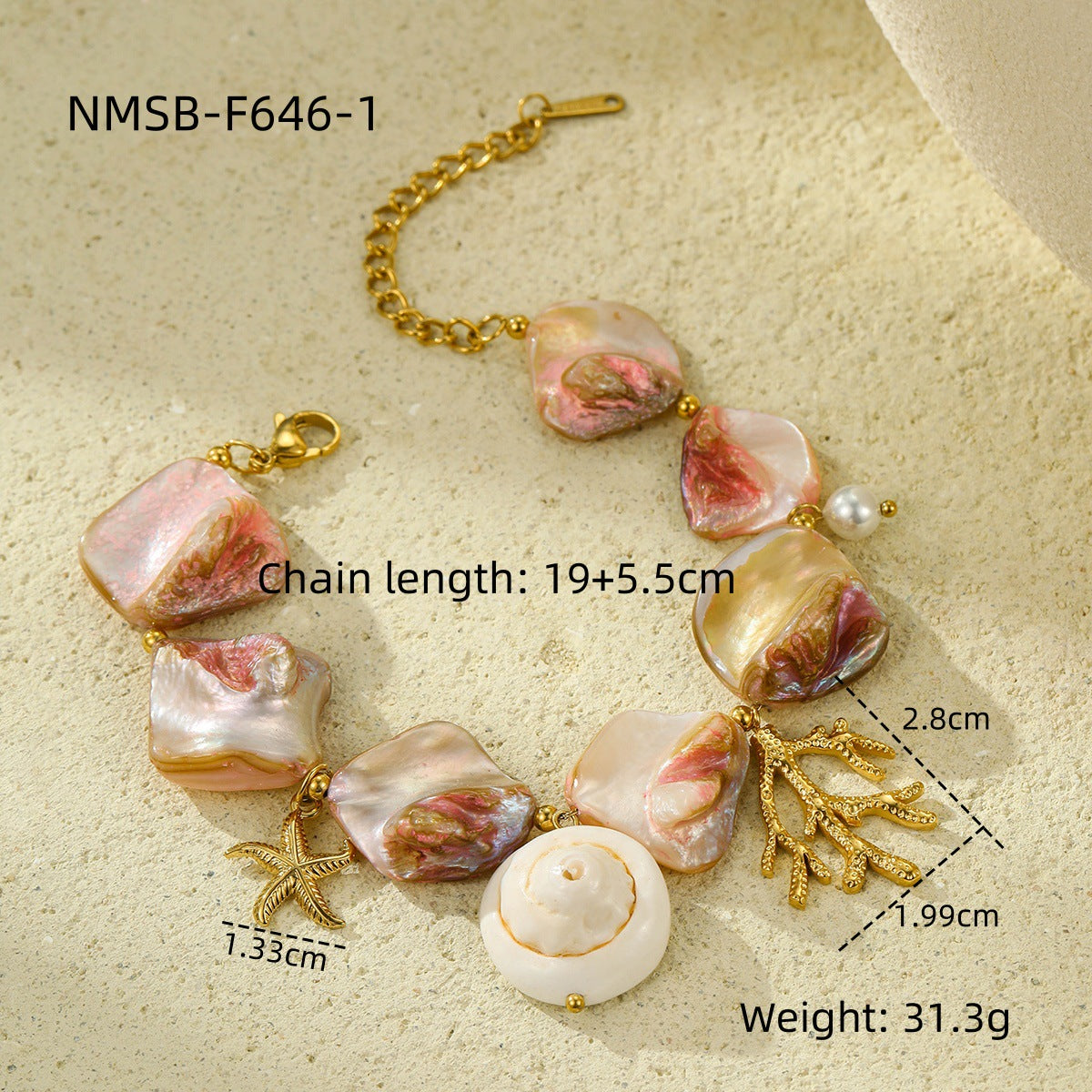 18K Gold Plated Stainless Steel Beach Style Shell Coral Bracelet for Women