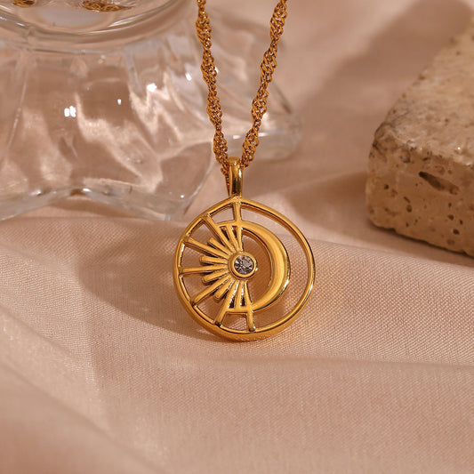 Fashionable Geometric Stainless Steel Pendant Necklace with Hollow Sun and Moon Design Plated in 18K Gold for Women