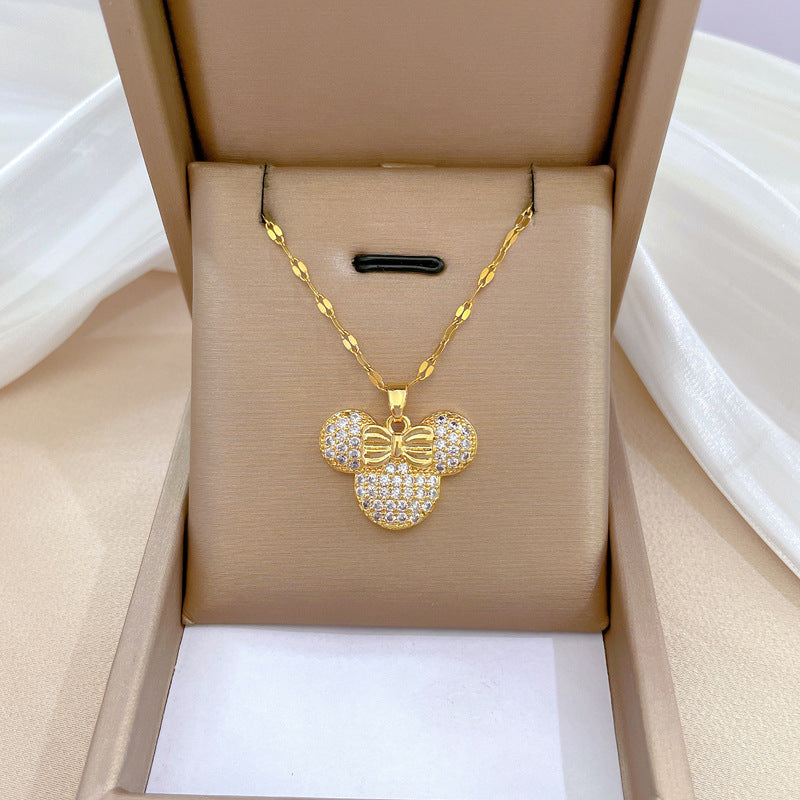 Luxury Sweet Geometric Rhinestone Mouse Pendant Necklace in Titanium Steel Chain