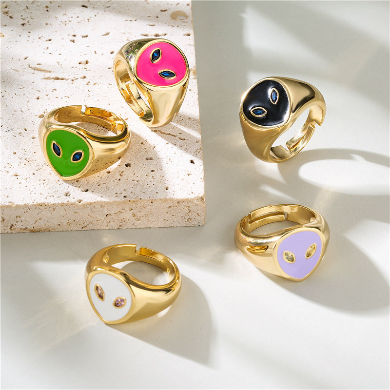 Geometric Drip Oil Gold Plated Brass Alien Ring for Women