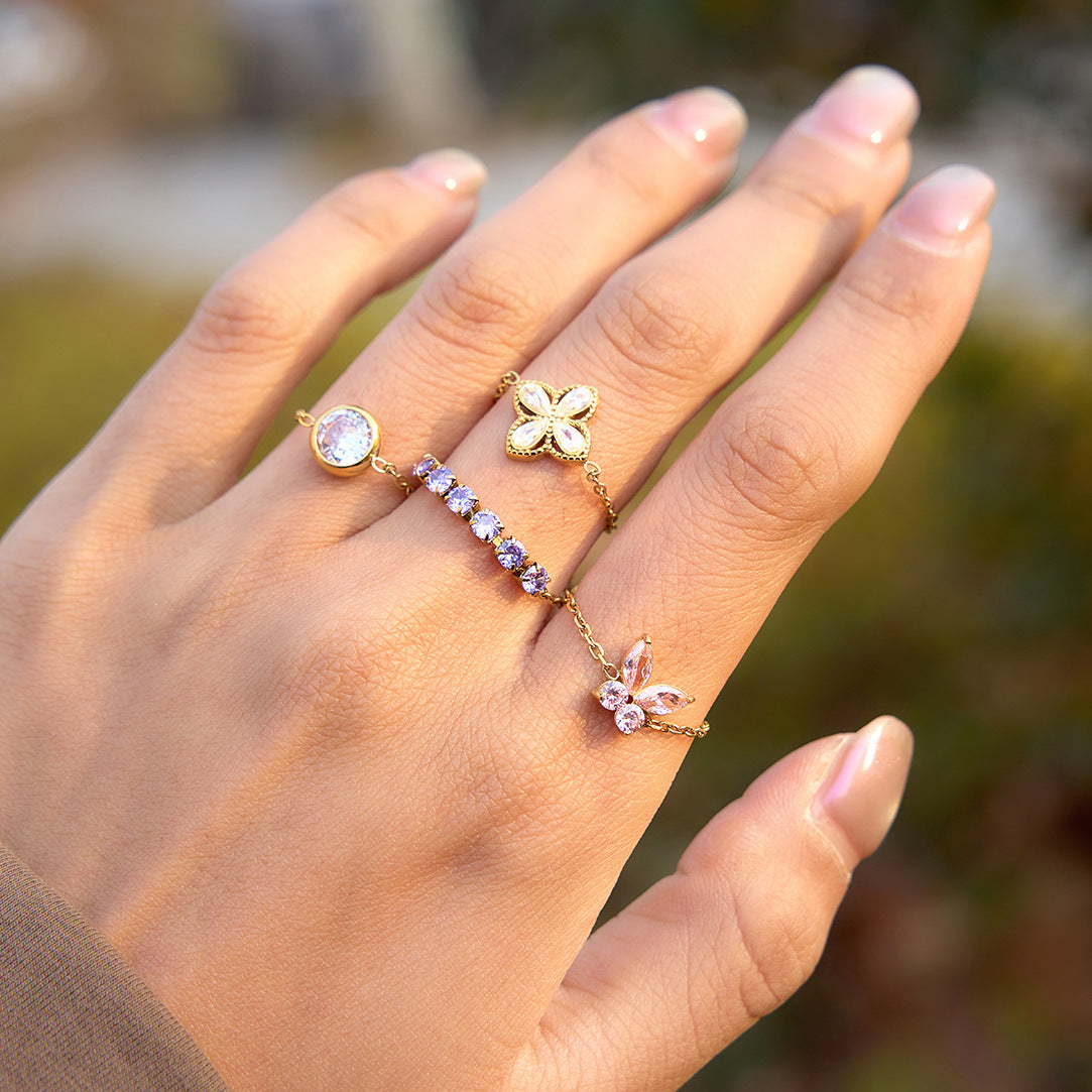 Minimalist Geometric Butterfly Titanium Steel Ring with Cubic Zirconia PVD Plated Adjustable for Women