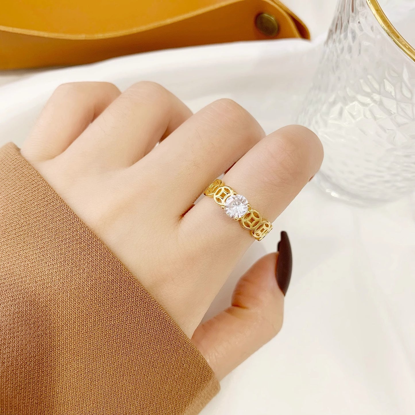 Minimalist Adjustable Copper Ring with Gold-Tone Plating and Simulated Cubic Zirconia Accent for Women