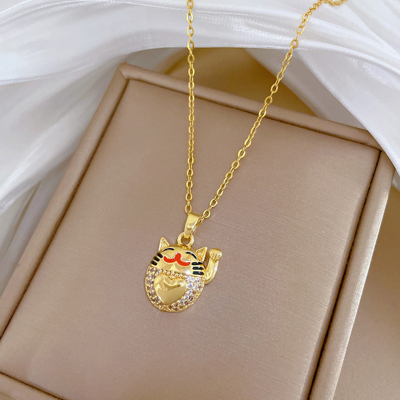 Sweet Elegant Geometric Drip Oil Rhinestone Lucky Cat Necklace Titanium Steel Cable Chain Unisex