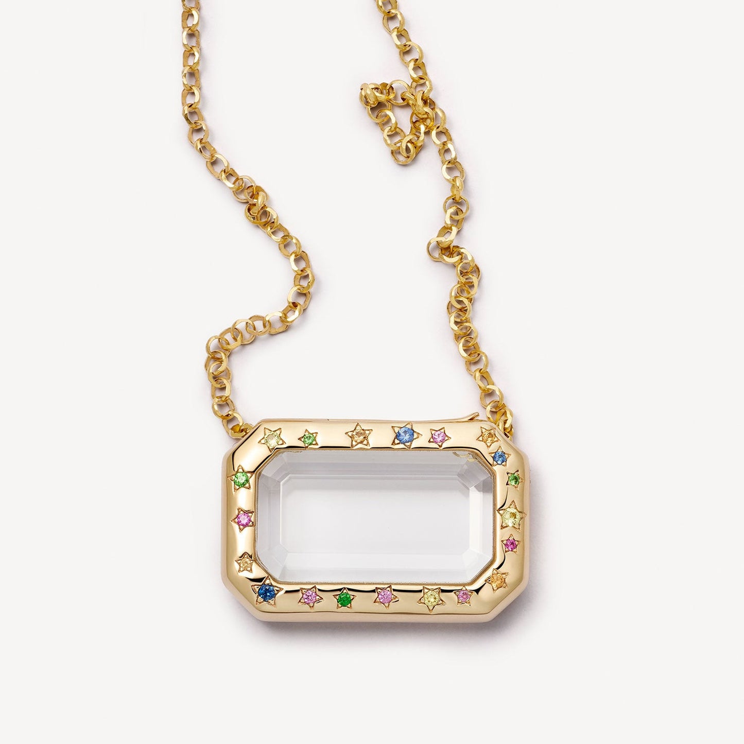 Vintage 18K Gold Plated Brass Round Geometric Locket Pendant Charm Bar with Cable Chain