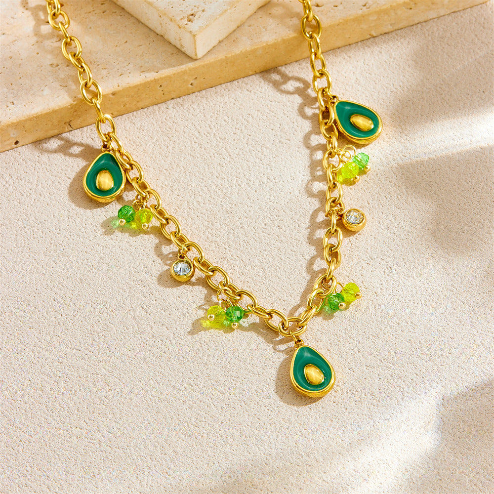 Fashionable Avocado-Shaped Enamel Pendant Necklace in Stainless Steel with Gold Plating on O-Chain for Women