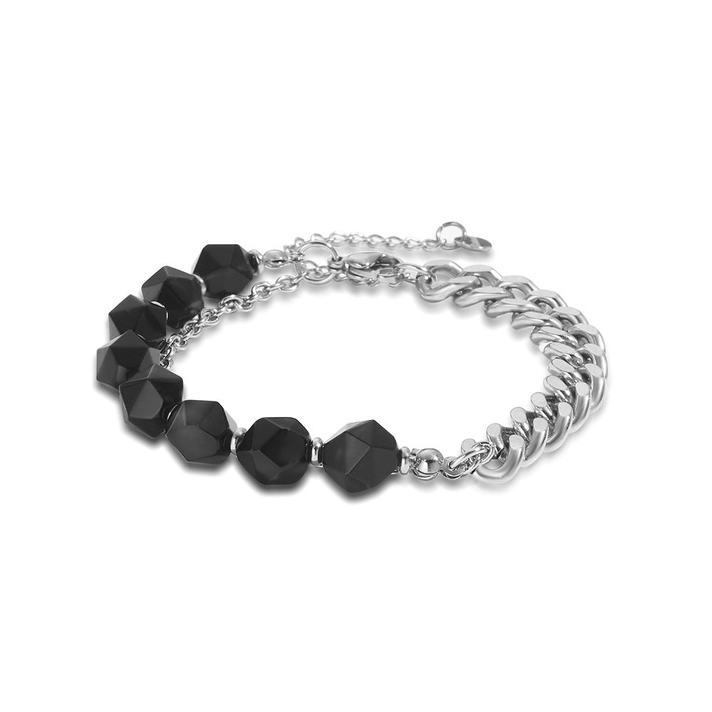 Geometric Double-Layer Faceted Tiger's Eye Stainless Steel Cuban Link Chain Bracelet for Men and Women