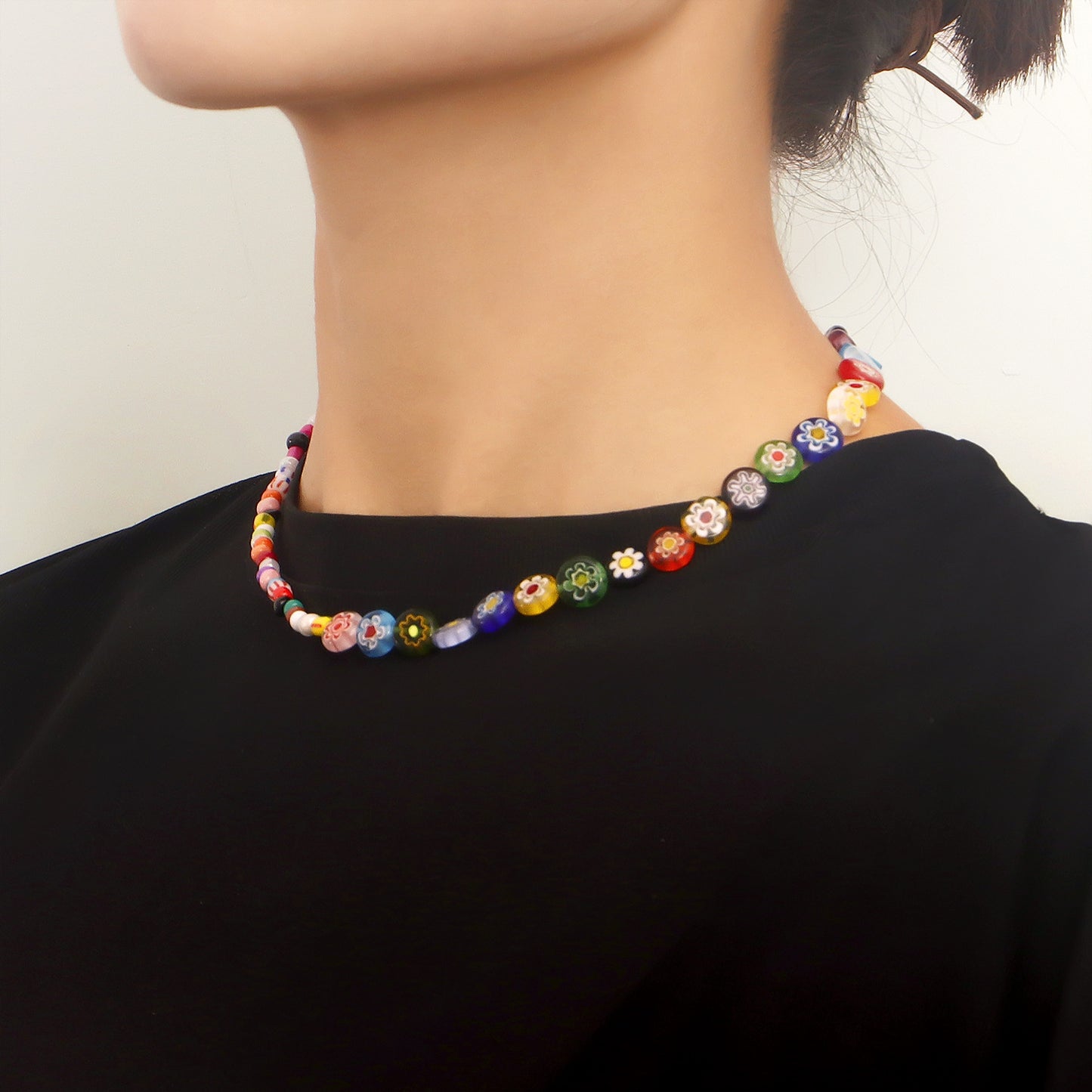 Handmade Geometric Glass Rainbow Flower Pendant Necklace for Women with Fresh Sweet Style