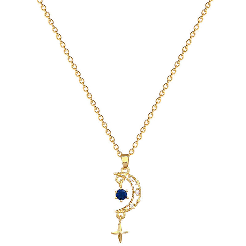 Collana con Ciondolo Stella e Luna Minimalista con Intarsio Completo di Strass su Catena in Acciaio al Titanio da Donna