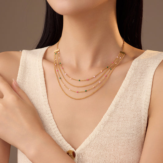 Minimalist Fashion Stainless Steel Multi-Chain Clavicle Necklace with Colorful Round Beads for Women