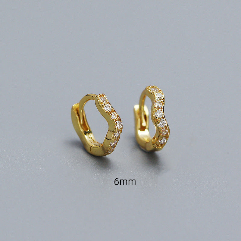 Minimalist Wave-Shaped S925 Sterling Silver Stud Earrings with Rhinestone Inlay for Women
