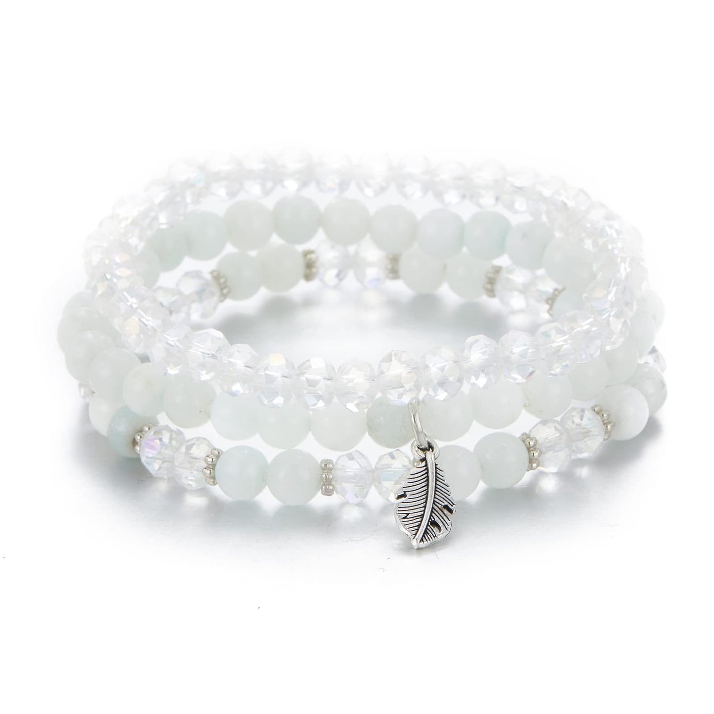 Minimalist Geometric Crystal Feather Pendant Bracelet Set